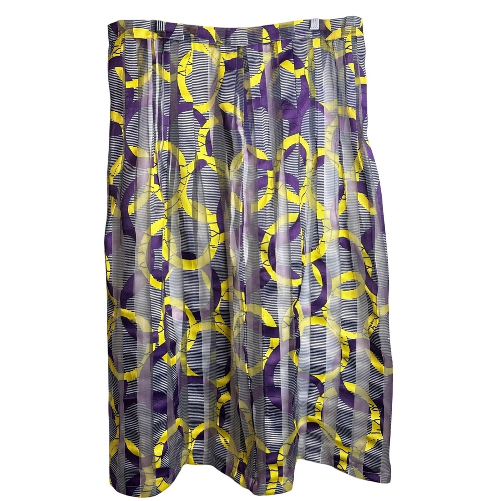 Modern Art To Wear Womens Purple Yellow Print Midi Skirt Est. Sz S Sheer Panels